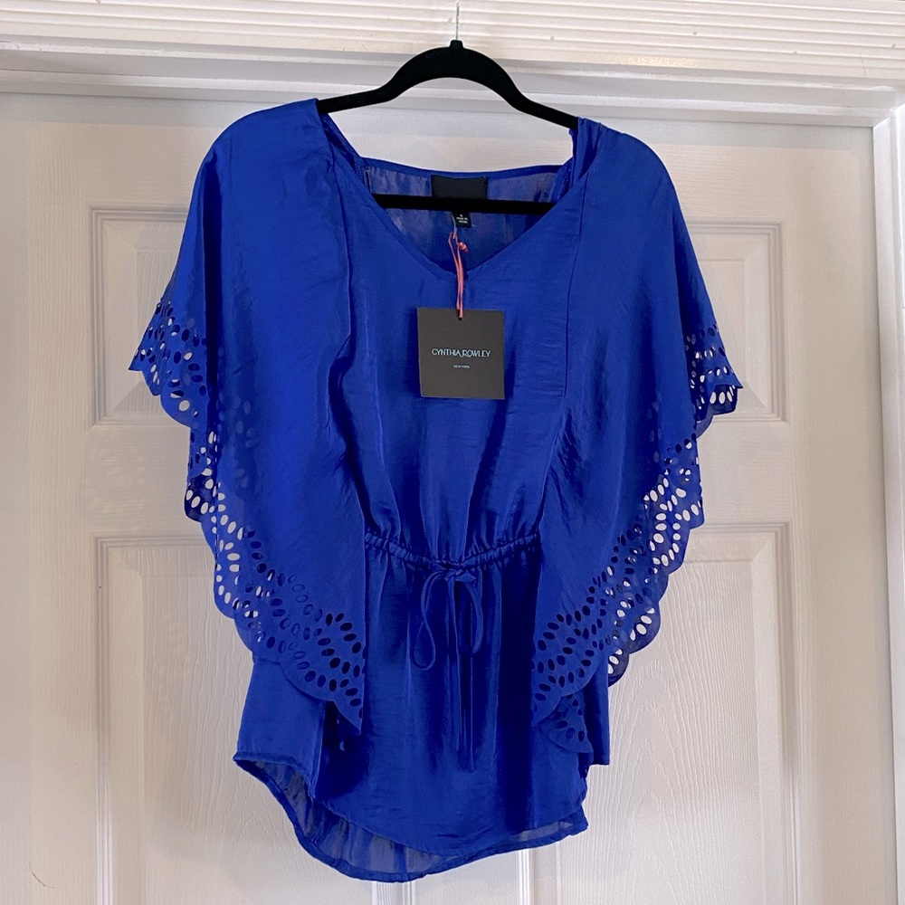 NWT Cynthia Rowley Cut-Out Scalloped Butterfly Sleeve Waist Tie Shirt Blouse S - Picture 2 of 6